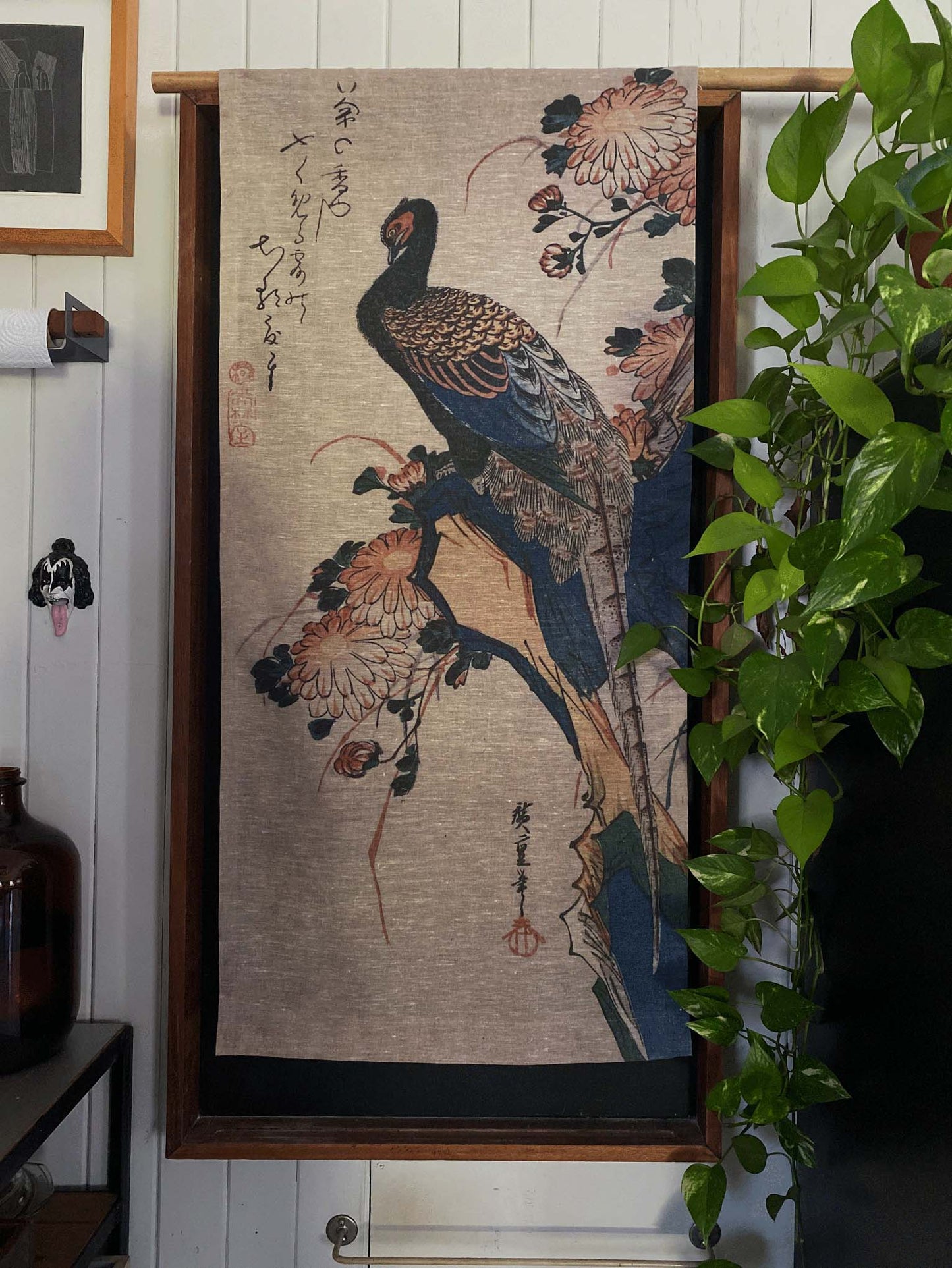 Woodblock Pheasant & Chrysanthemum Wall Hanging