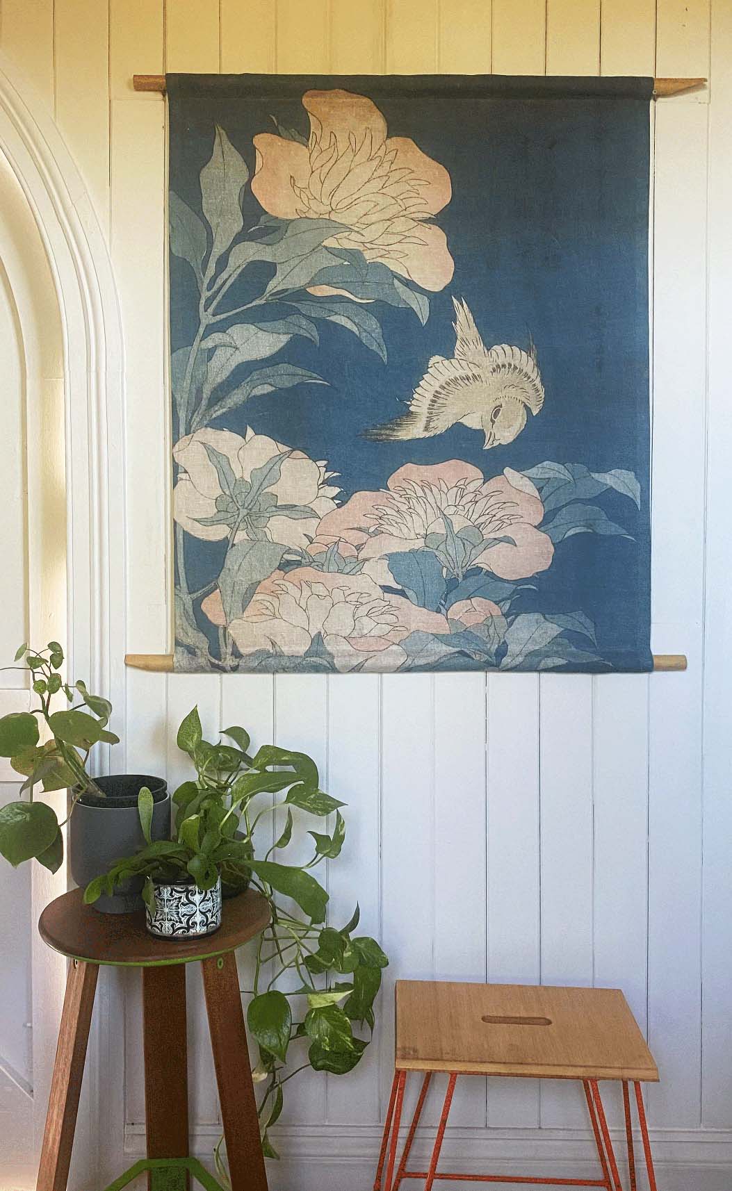 Woodblock Canary and Peony Wall Hanging