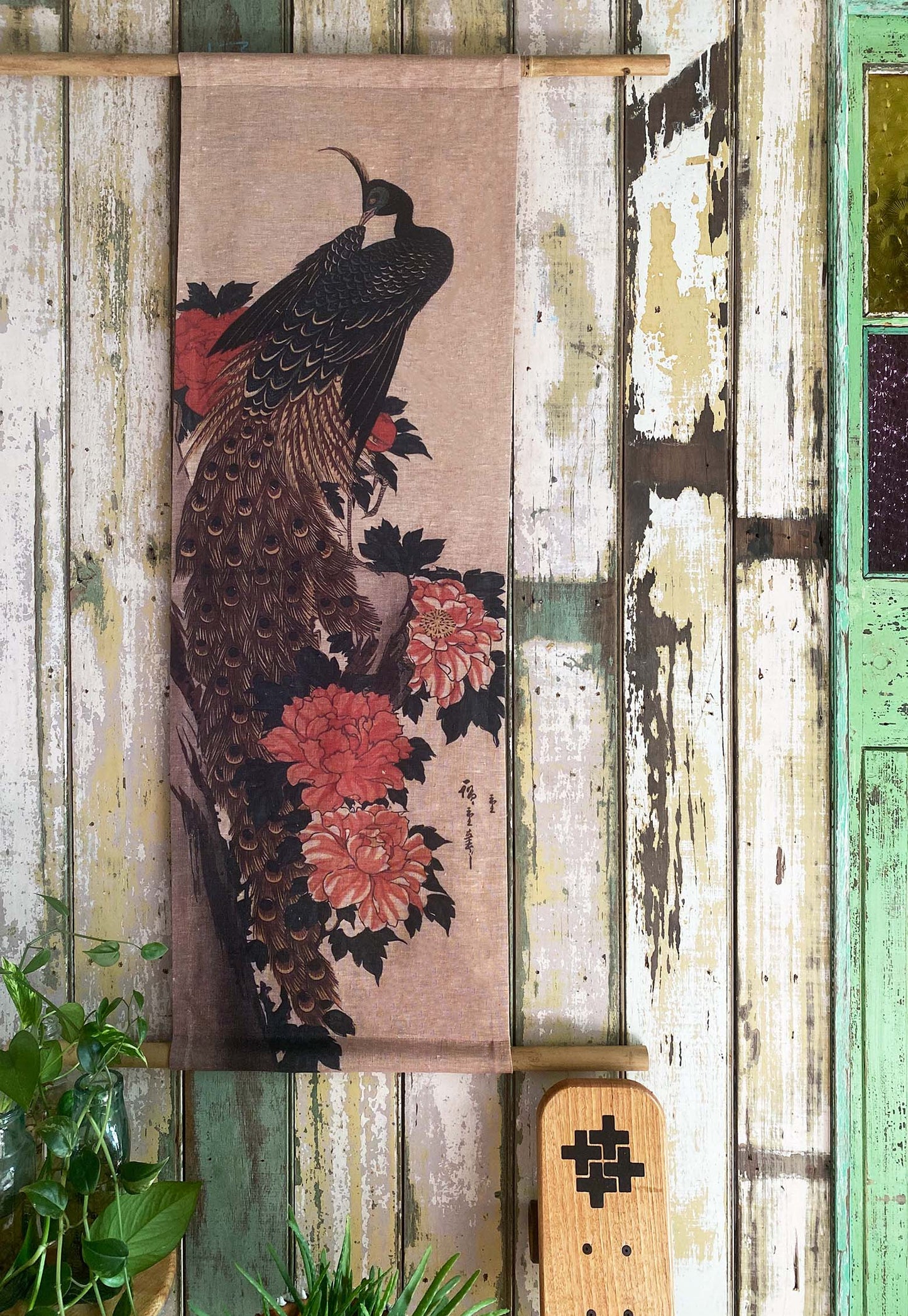 Woodblock Peacock & Peony Wall Hanging