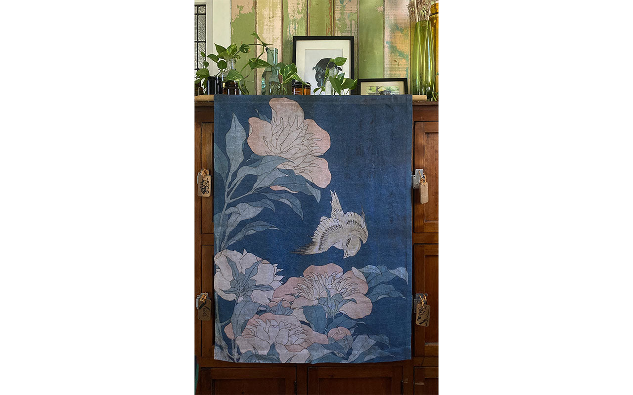Woodblock Canary and Peony Wall Hanging